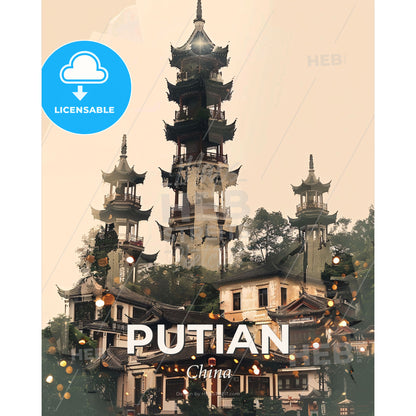 Putian China Composite Art Skyline Poster - A building with a tower - Square format print template