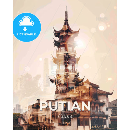 Putian City Skyline Night Scene Bright Beige Paper - A building with a tower - Square format print template