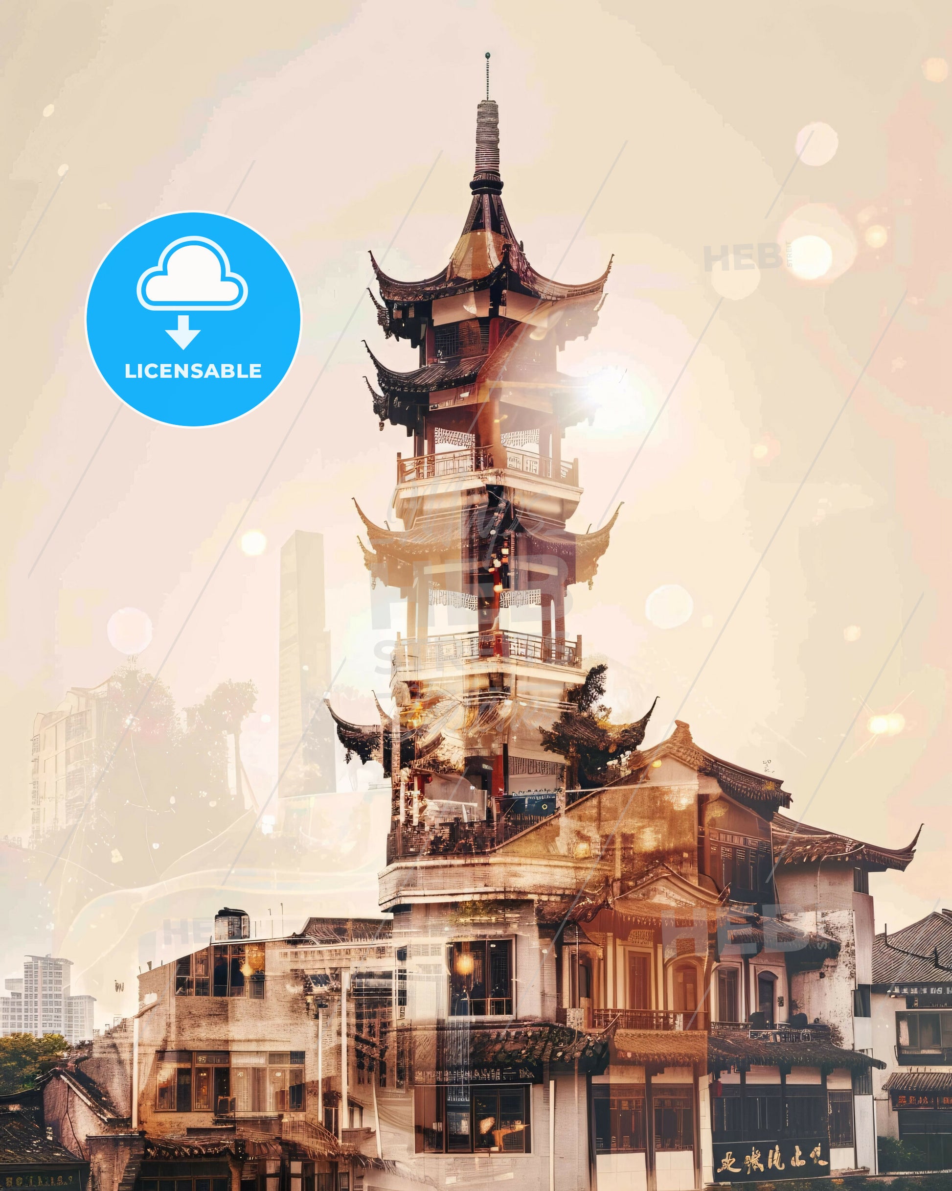 Putian City Skyline Night Scene Bright Beige Paper - A building with a tower