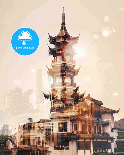 Putian City Skyline Night Scene Bright Beige Paper - A building with a tower