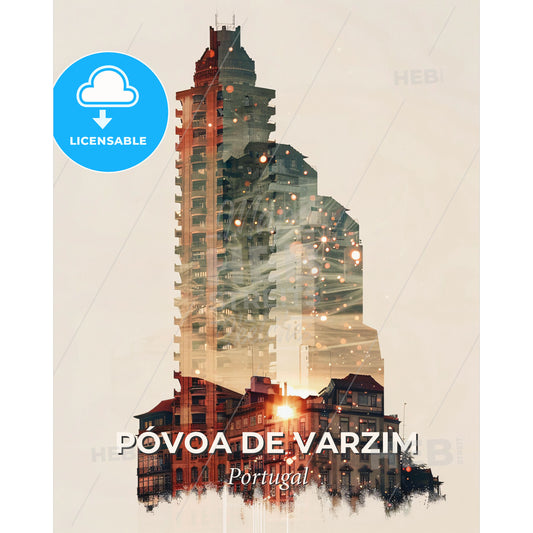 Póvoa de Varzim: Skyline Composite Art Poster - A double exposure of a tall building - Square format print template