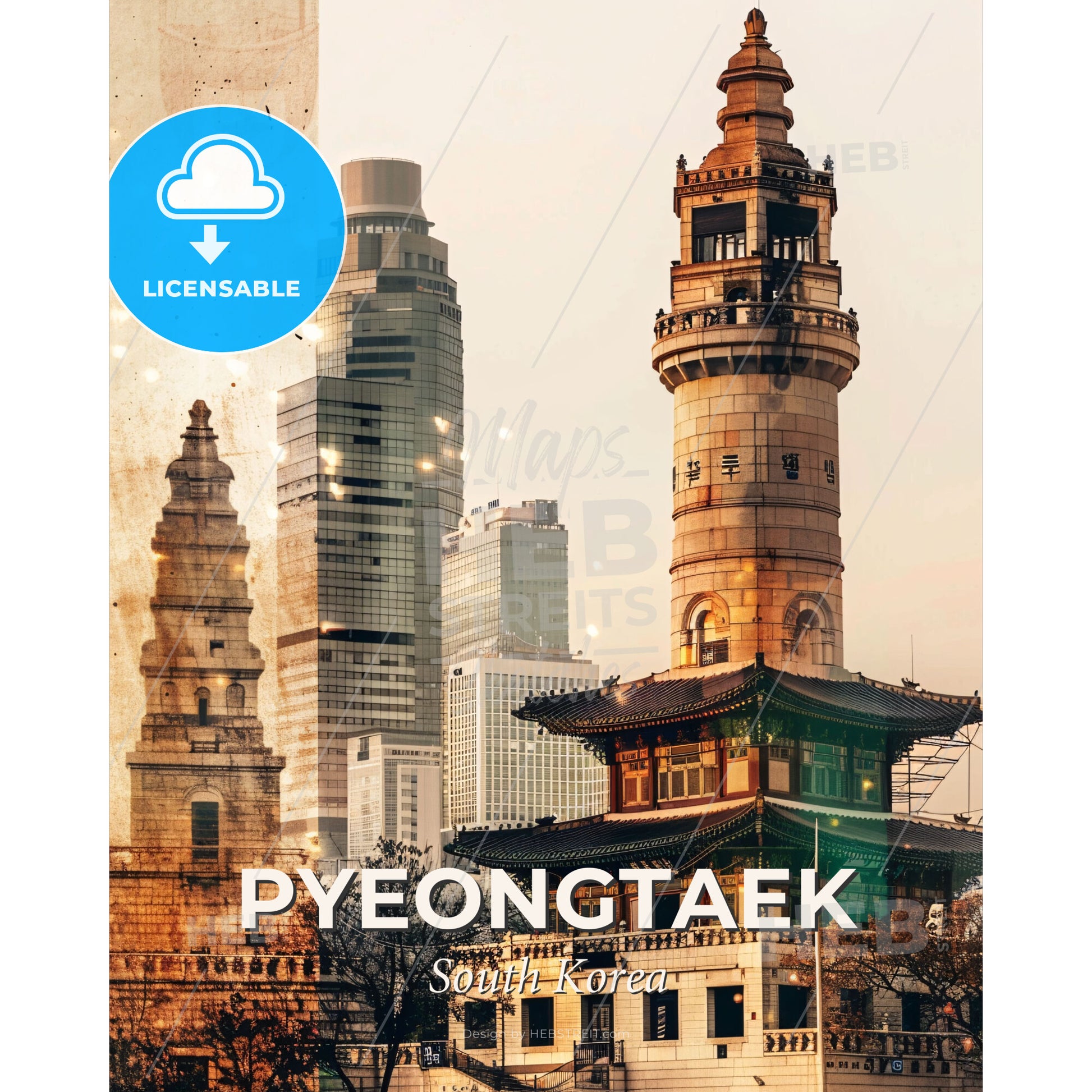 Pyeongtaek City Skyline Night Lights Composite Poster - A building with a tower and a city skyline - Square format print template
