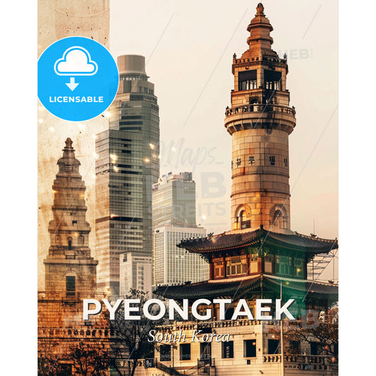 Pyeongtaek City Skyline Night Lights Composite Poster - A building with a tower and a city skyline - Square format print template