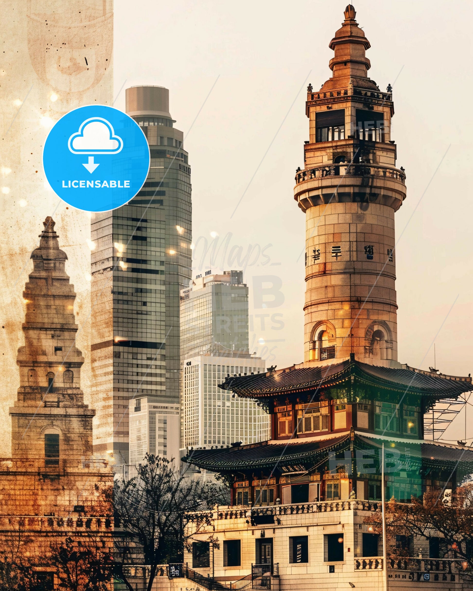 Pyeongtaek City Skyline Night Lights Composite Poster - A building with a tower and a city skyline