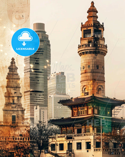 Pyeongtaek City Skyline Night Lights Composite Poster - A building with a tower and a city skyline