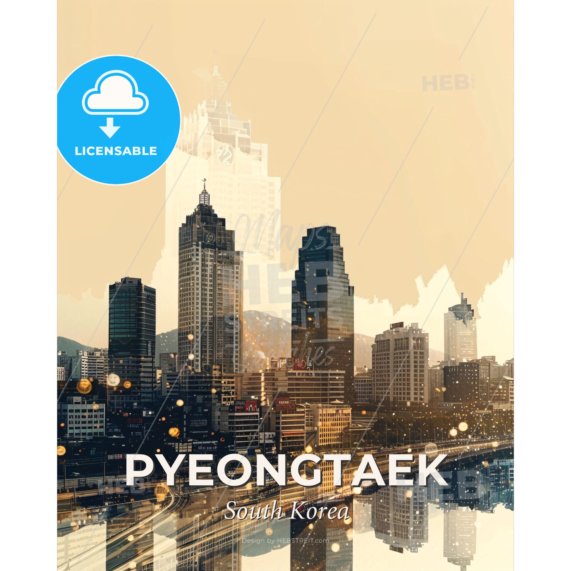 Pyeongtaek Skyline Composite Art Poster - A city skyline with a river and mountains - Square format print template