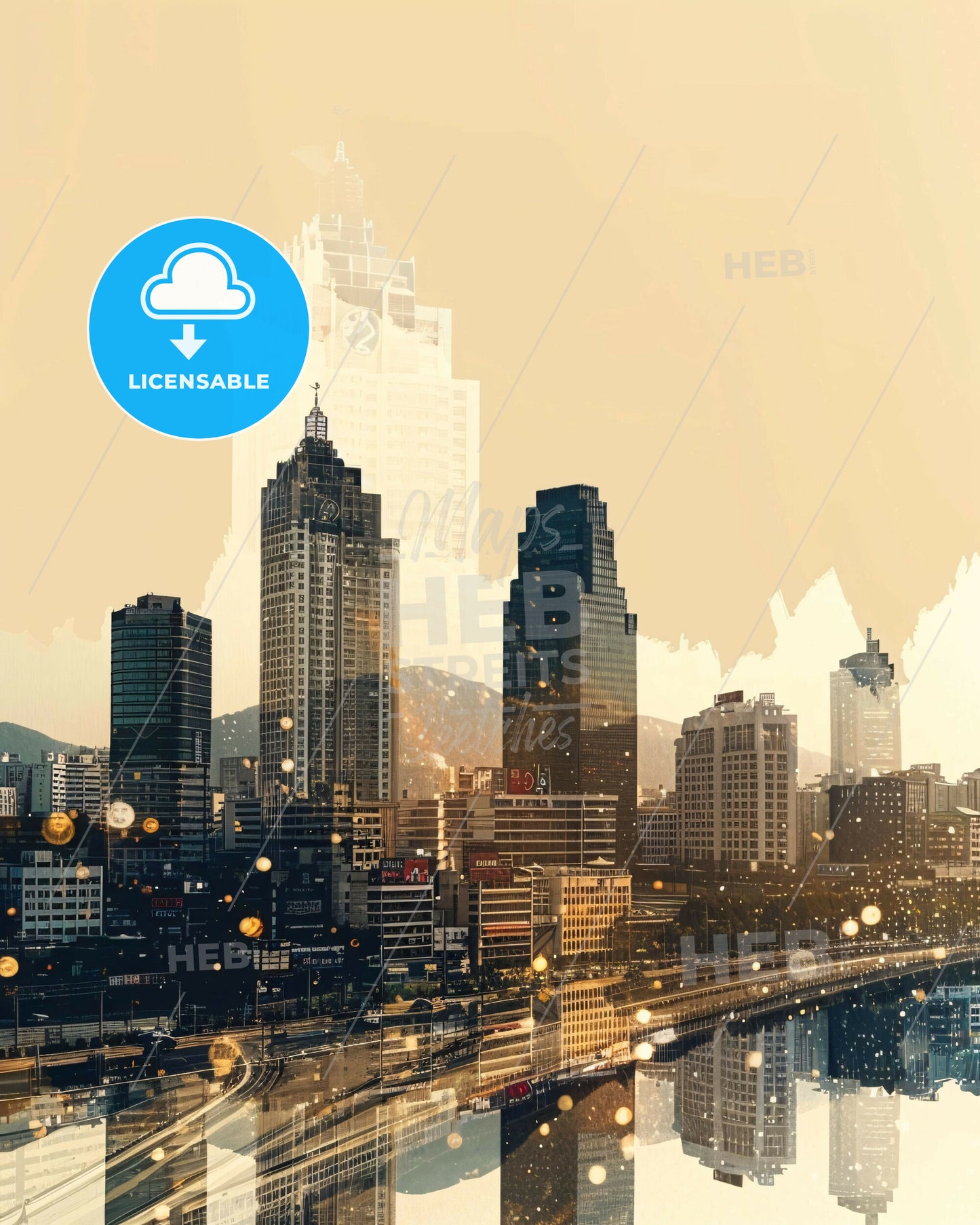 Pyeongtaek Skyline Composite Art Poster - A city skyline with a river and mountains