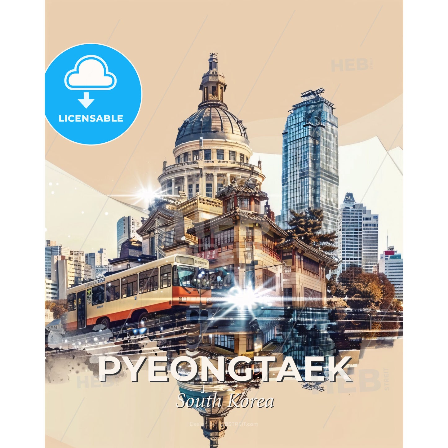 Pyeongtaek Skyline Tapestry of Memories - A city with a bus and a building - Square format print template