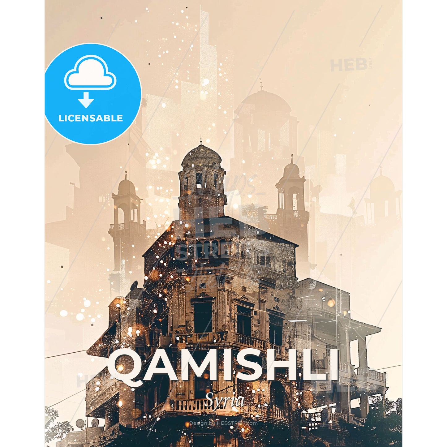 Qamishli Skyline Double Exposure Art Print - A building with a tower - Square format print template