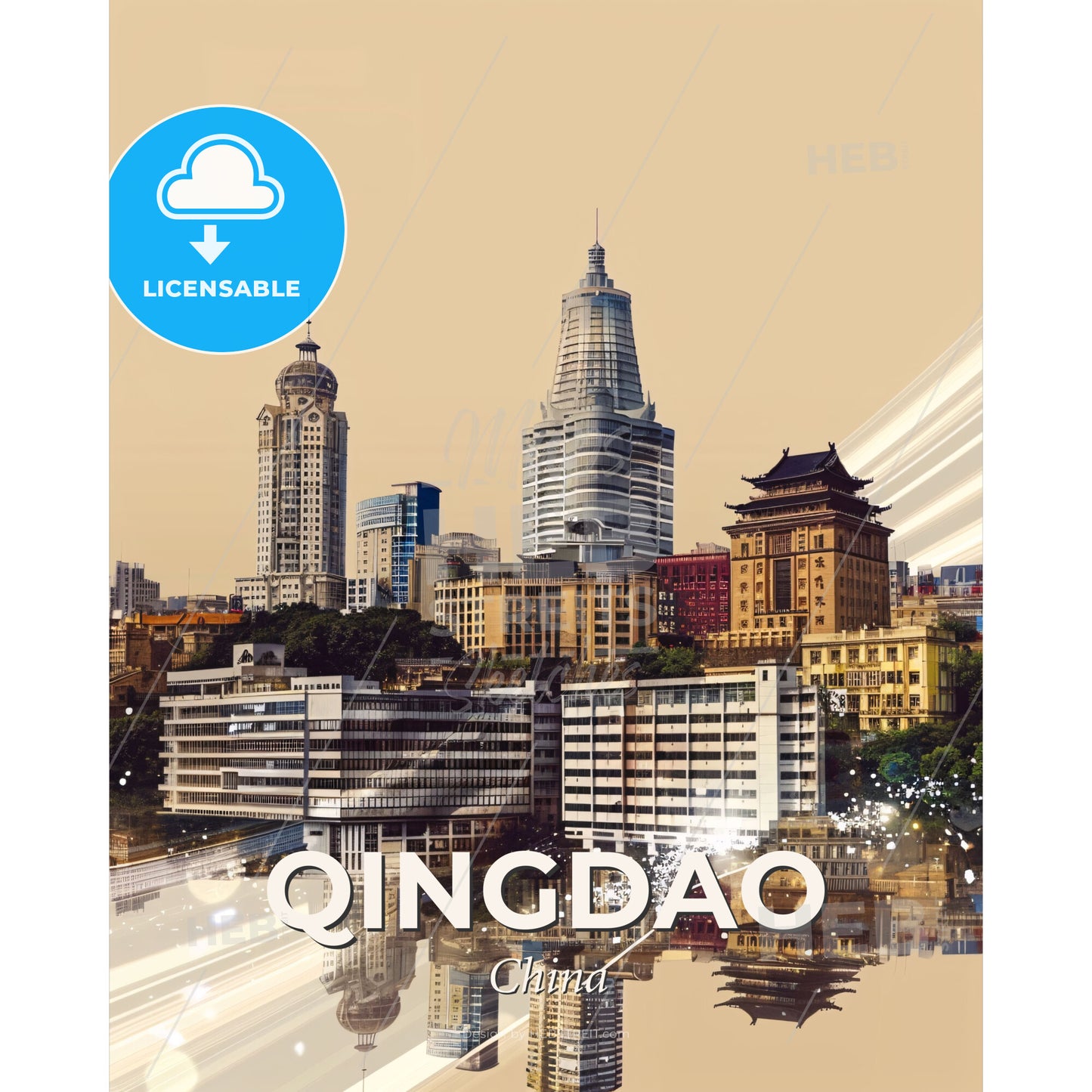 Qingdao Skyline Panorama China Double Exposure Art - A city with many tall buildings - Square format print template