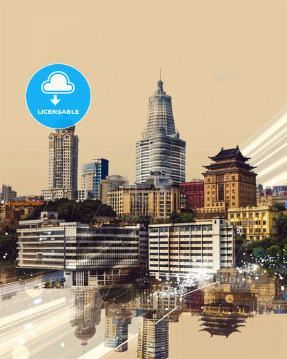 Qingdao Skyline Panorama China Double Exposure Art - A city with many tall buildings