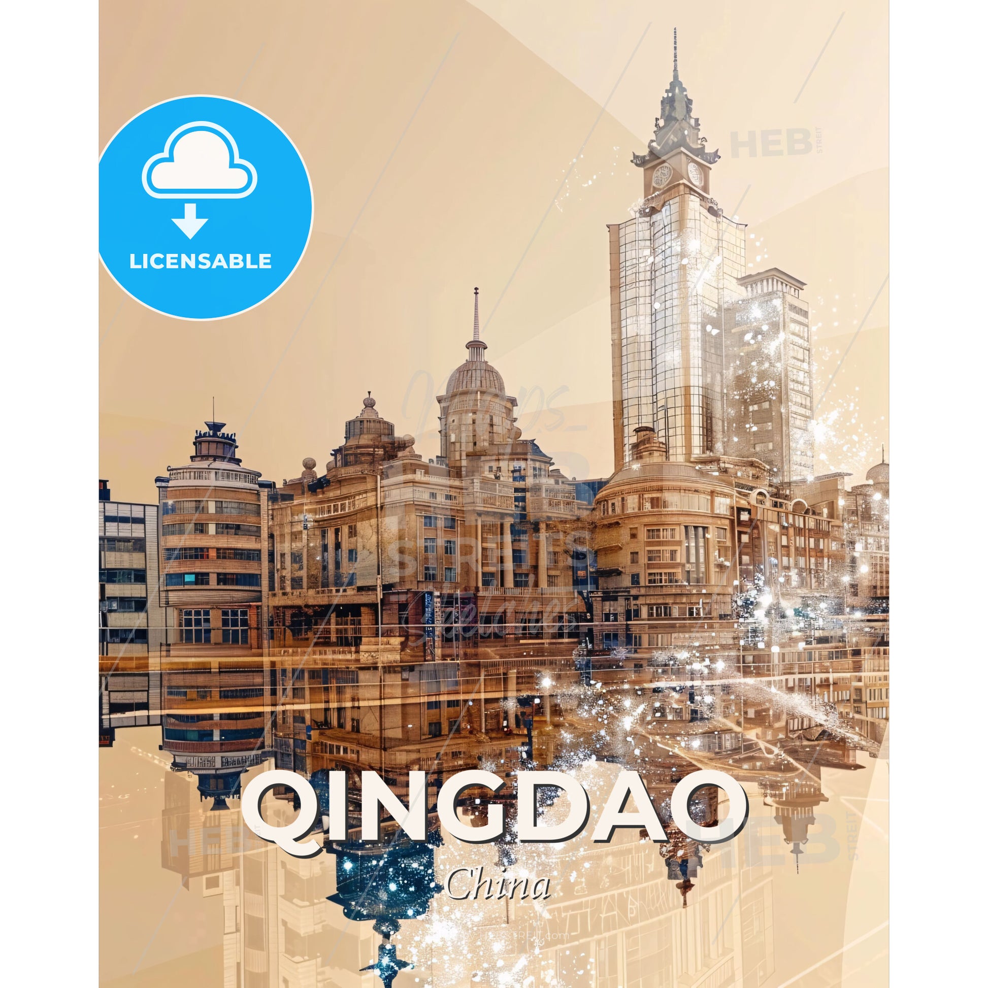 Qingdao Skyline Double Exposure Iconic Art Poster - A city with many buildings and a reflection of the water - Square format print template