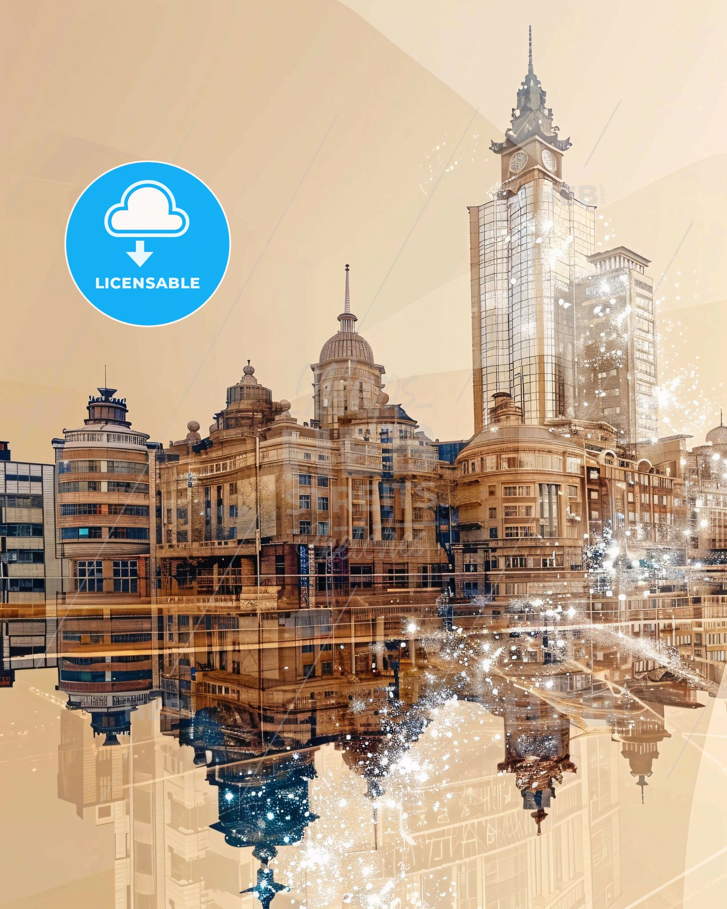 Qingdao Skyline Double Exposure Iconic Art Poster - A city with many buildings and a reflection of the water