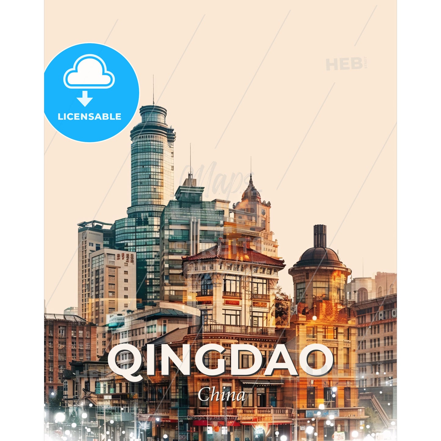 Qingdao Skyline Composite Art with Sparkle - A city skyline with many buildings - Square format print template