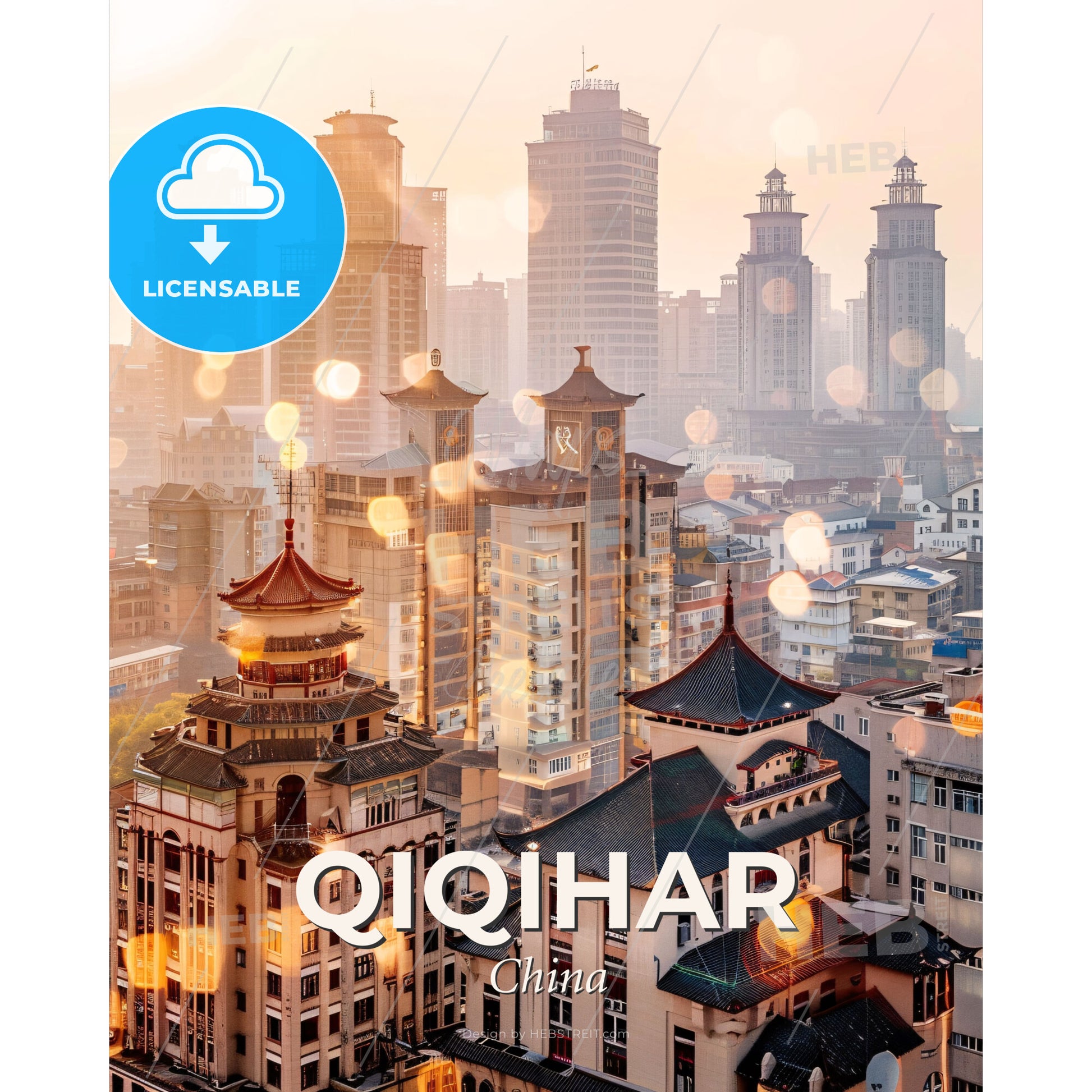 Qiqihar Skyline Iconic Art Composite Print - A city with many tall buildings - Square format print template