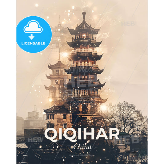 Qiqihar Skyline: Unique Double Exposure Art - A tall building with a tower and trees in the background - Square format print template