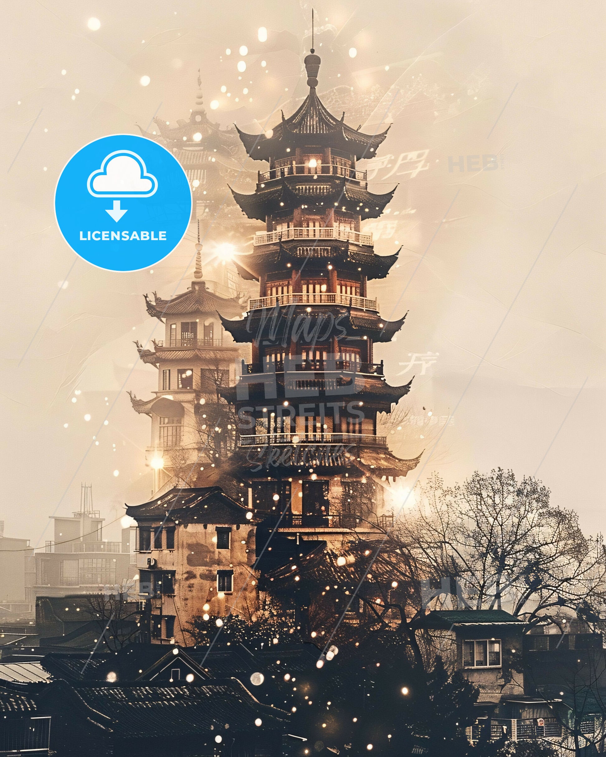 Qiqihar Skyline: Unique Double Exposure Art - A tall building with a tower and trees in the background