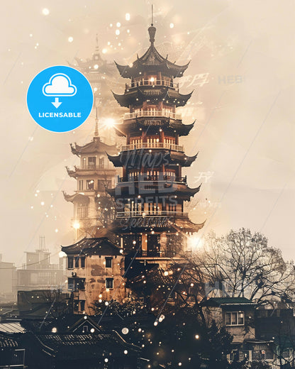 Qiqihar Skyline: Unique Double Exposure Art - A tall building with a tower and trees in the background