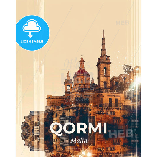 Qormi City Lights Panorama Poster - A building with a red roof and a red dome - Square format print template