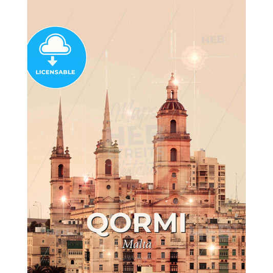 Qormi Malta Cityscape Composite Silhouette Poster - A large building with towers and a dome - Square format print template