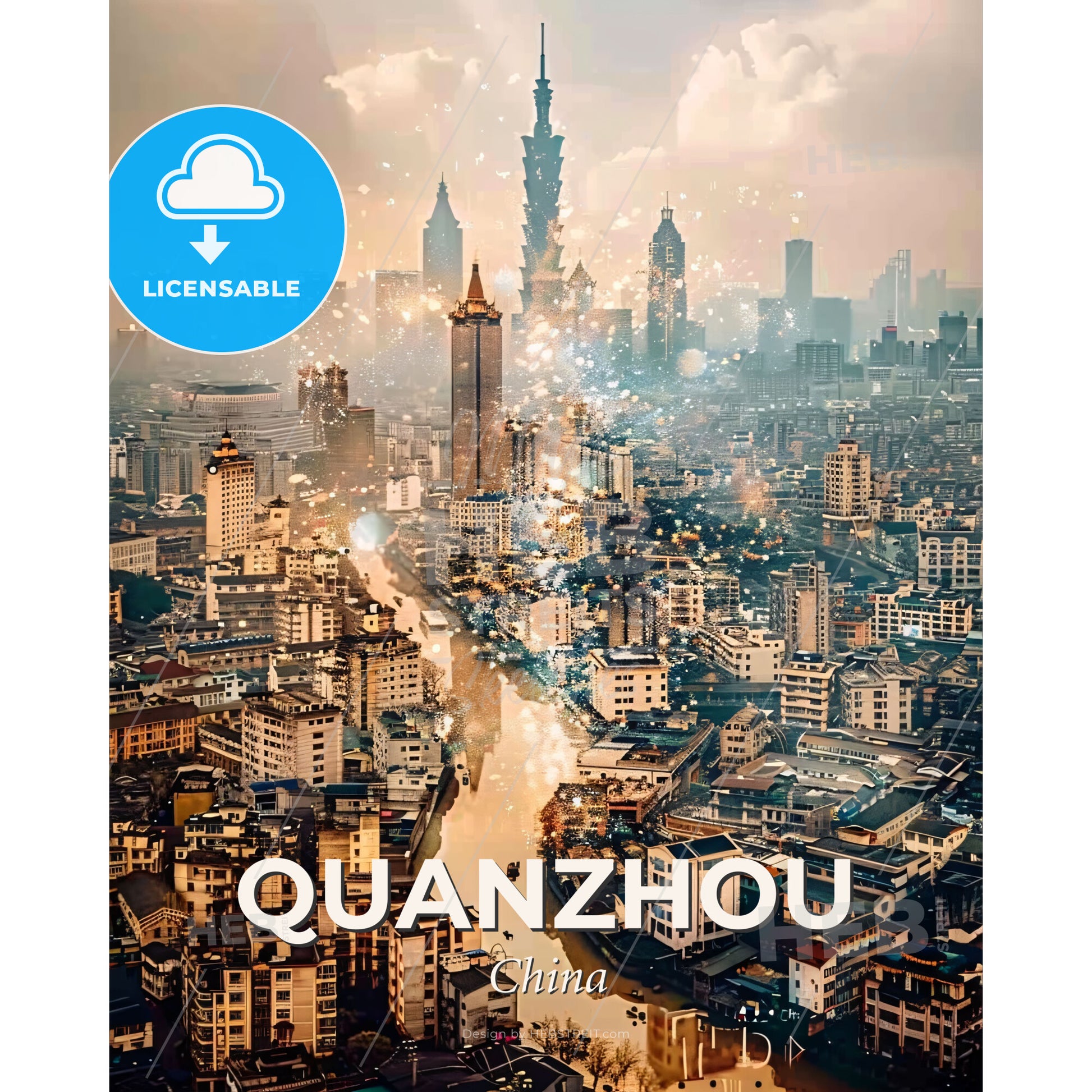 Quanzhou: Mystical Lights of the Ancient City - A city with many buildings and a river - Square format print template