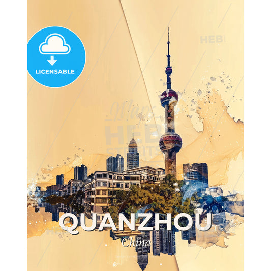 Quanzhou City Skyline Double Exposure Art - A city with a tall tower - Square format print template