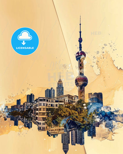 Quanzhou City Skyline Double Exposure Art - A city with a tall tower