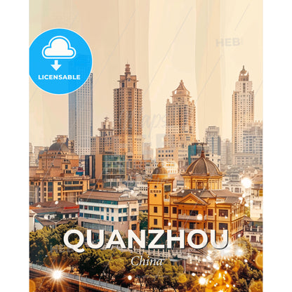Quanzhou: Double Exposure Skyline Cityscape Artwork - A city with many tall buildings - Square format print template