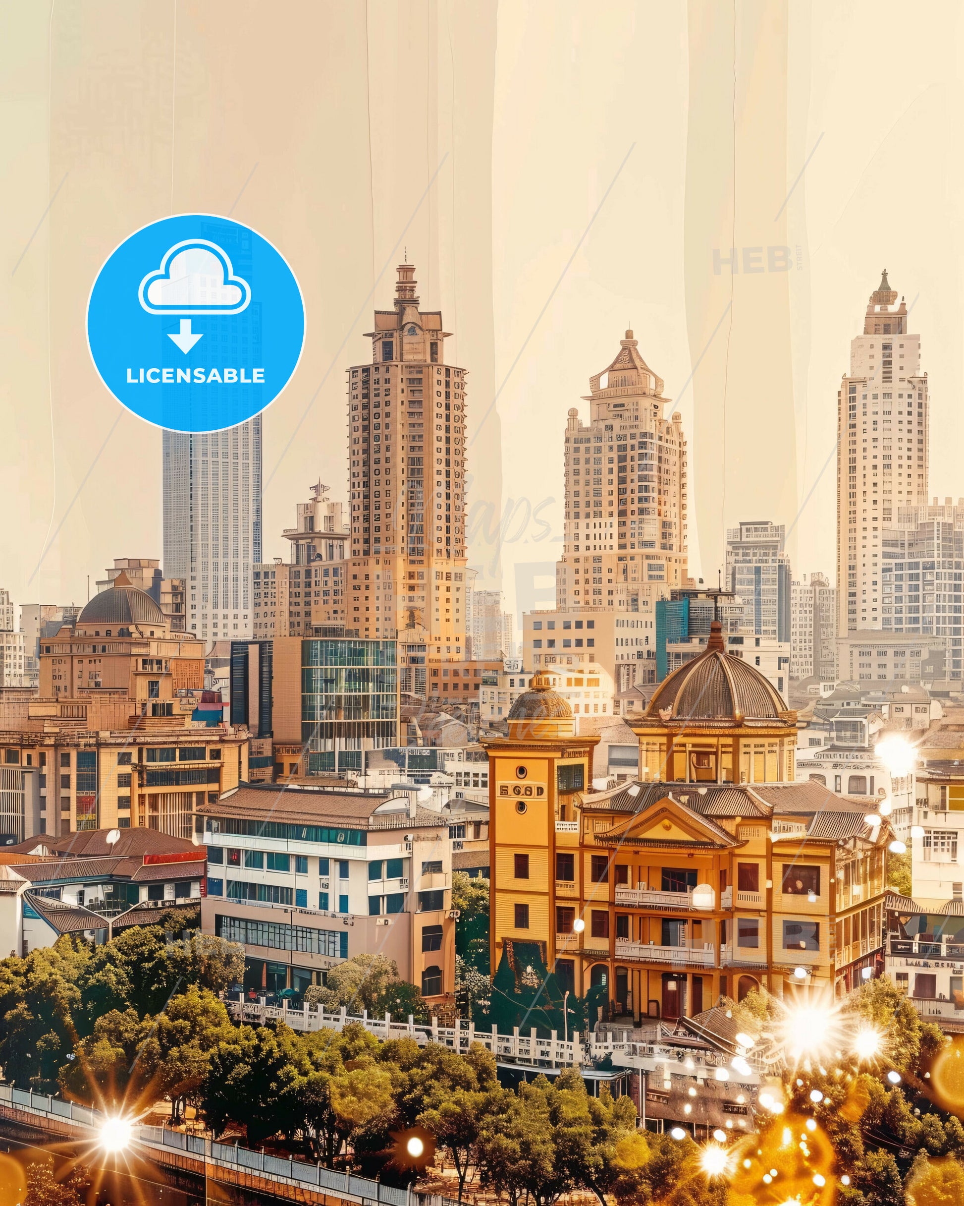 Quanzhou: Double Exposure Skyline Cityscape Artwork - A city with many tall buildings