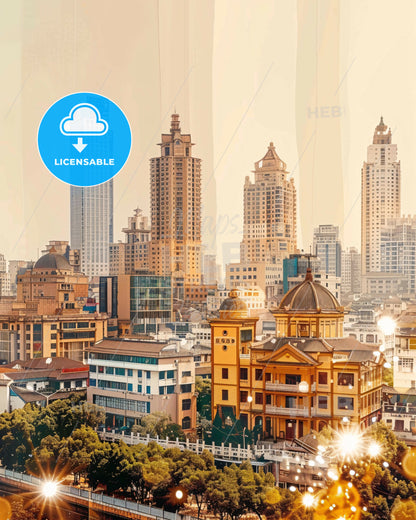 Quanzhou: Double Exposure Skyline Cityscape Artwork - A city with many tall buildings