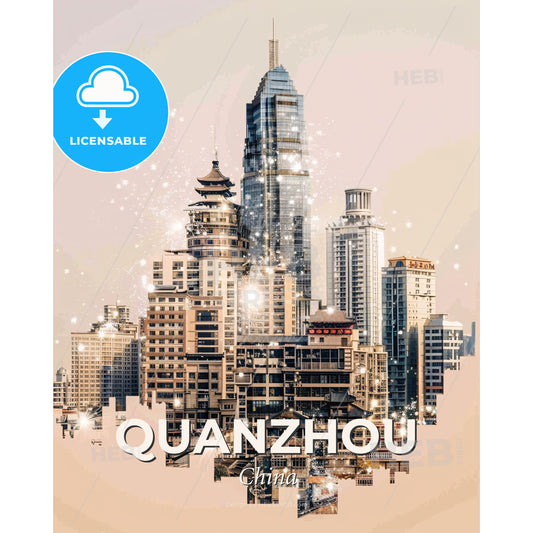 Quanzhou Cityscape Silhouette Poster Art - A city skyline with many tall buildings - Square format print template