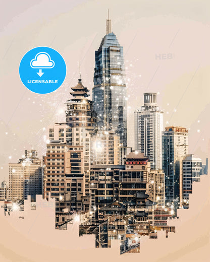 Quanzhou Cityscape Silhouette Poster Art - A city skyline with many tall buildings