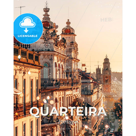 Quarteira Skyline Double Exposure Poster Art - A building with many windows and a tower - Square format print template