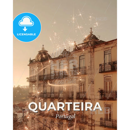 Quarteira Skyline City Architecture Composite Art Poster - A building with fireworks in the sky - Square format print template