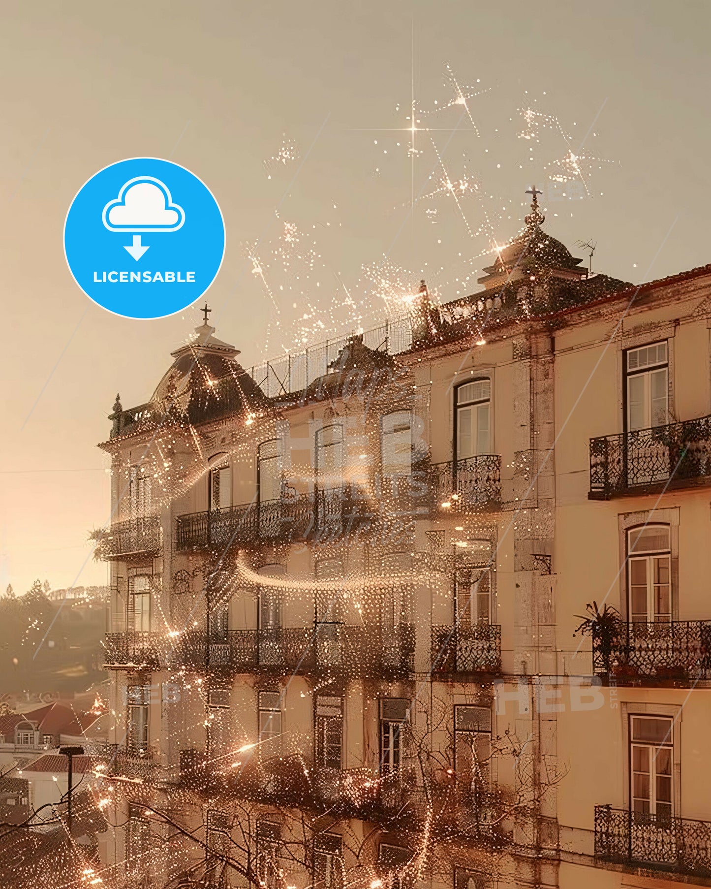 Quarteira Skyline City Architecture Composite Art Poster - A building with fireworks in the sky