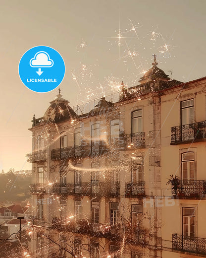 Quarteira Skyline City Architecture Composite Art Poster - A building with fireworks in the sky