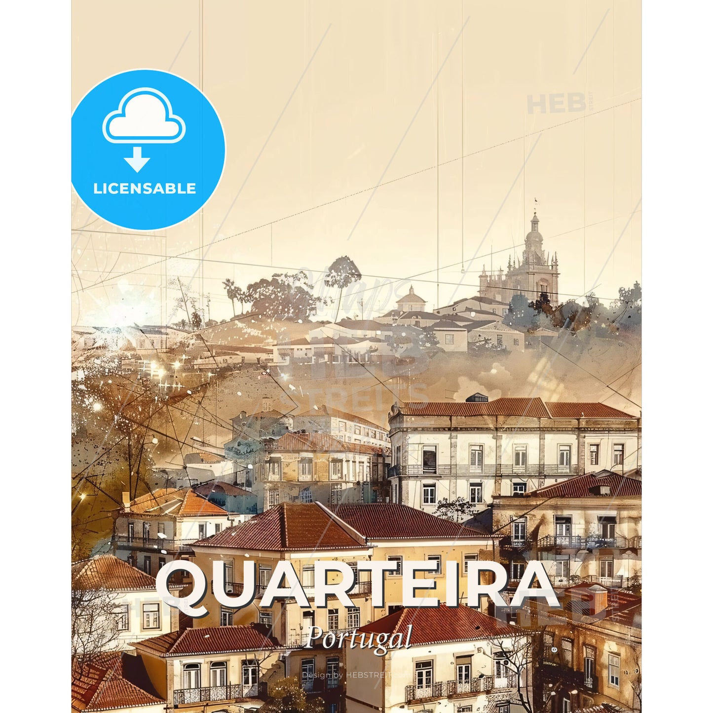 Quarteira City Skyline Sparkle Composite Art Poster - A group of buildings with a city in the background - Square format print template