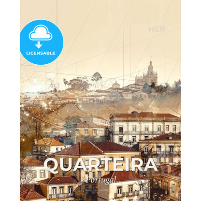 Quarteira City Skyline Sparkle Composite Art Poster - A group of buildings with a city in the background - Square format print template