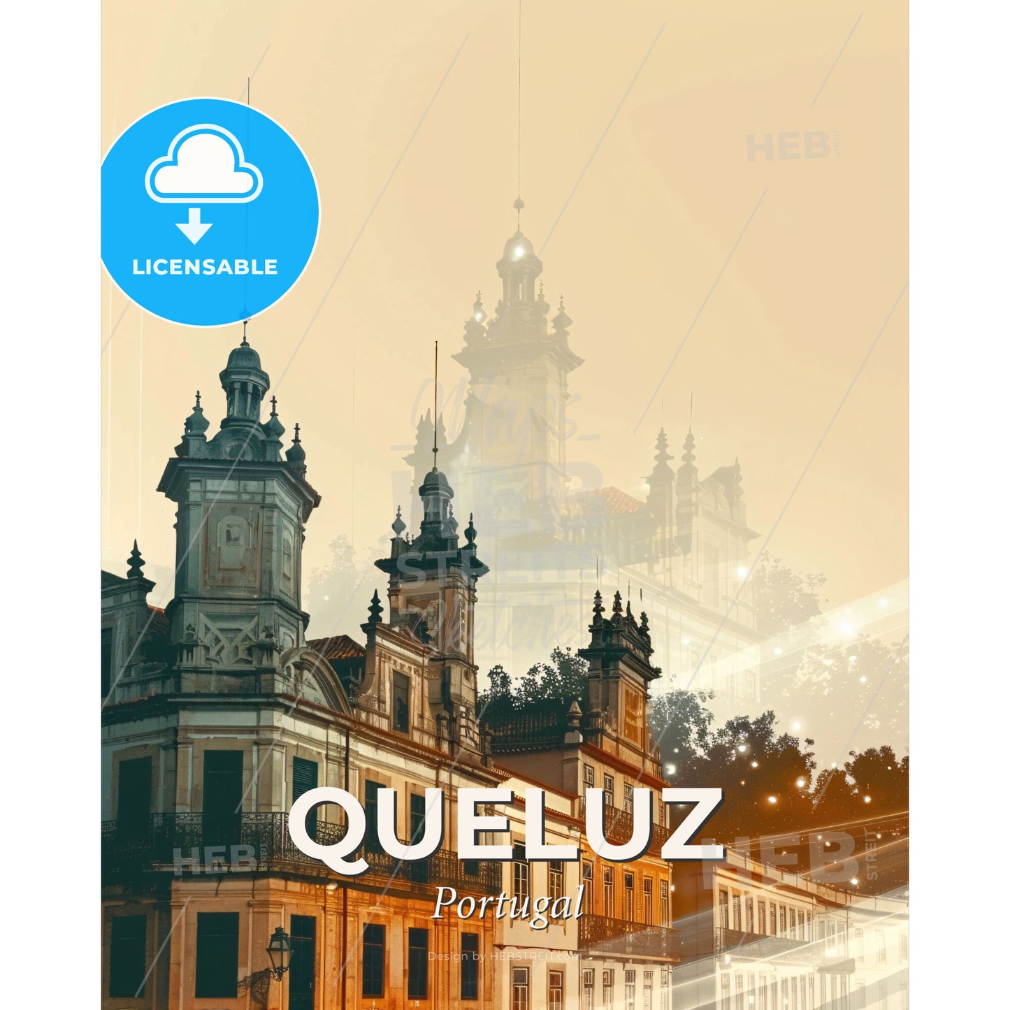 Queluz City Skyline Double Exposure Art Composite - A building with towers and a tower in the background - Square format print template