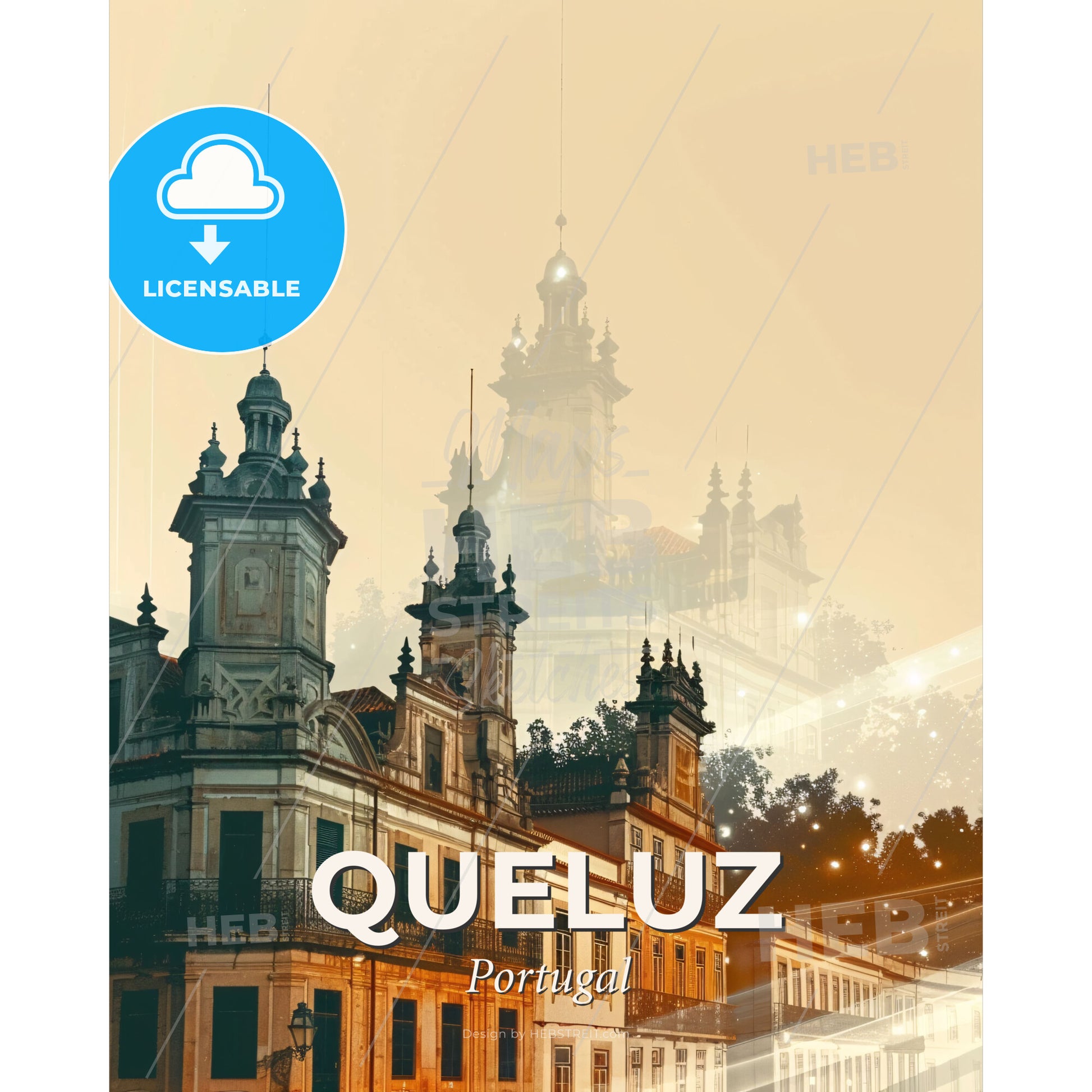 Queluz City Skyline Double Exposure Art Composite - A building with towers and a tower in the background - Square format print template