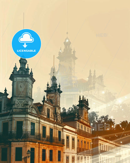 Queluz City Skyline Double Exposure Art Composite - A building with towers and a tower in the background