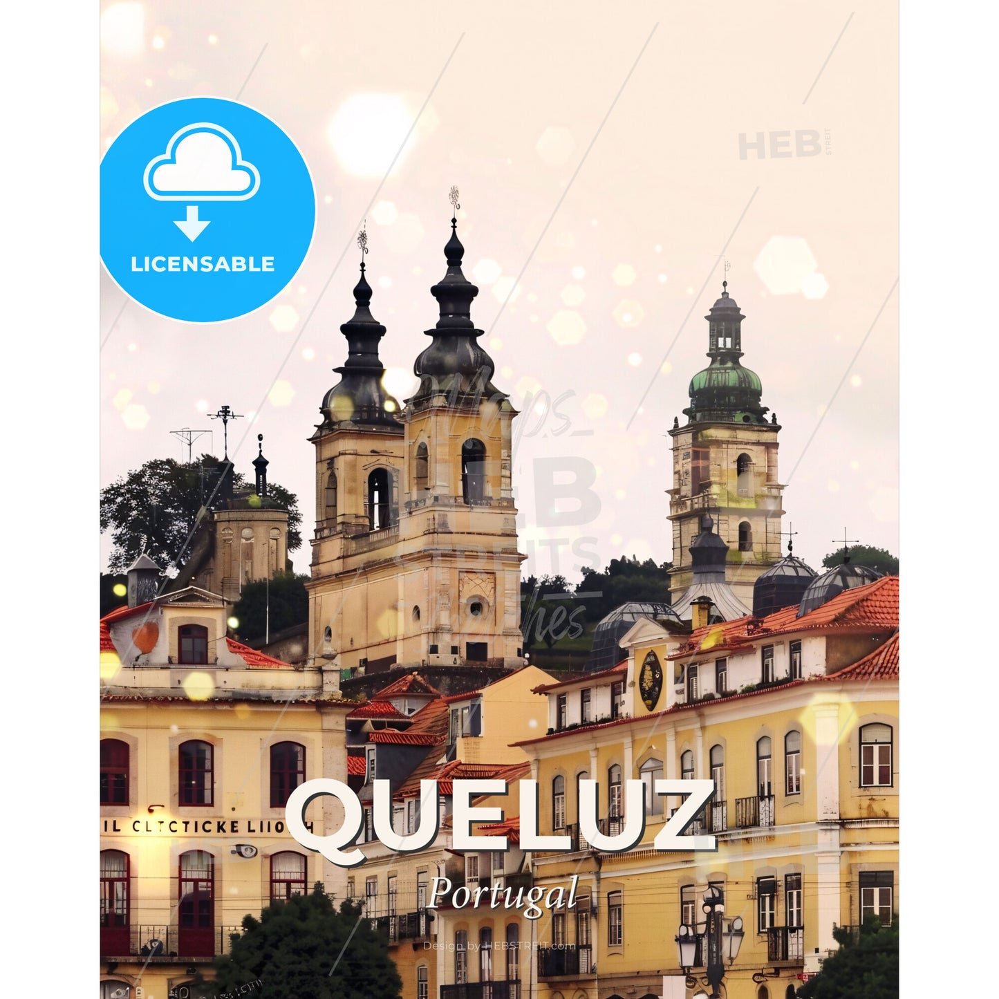 Queluz Cityscape Art: Beige Harmony with Sparkles - A group of buildings with towers - Square format print template