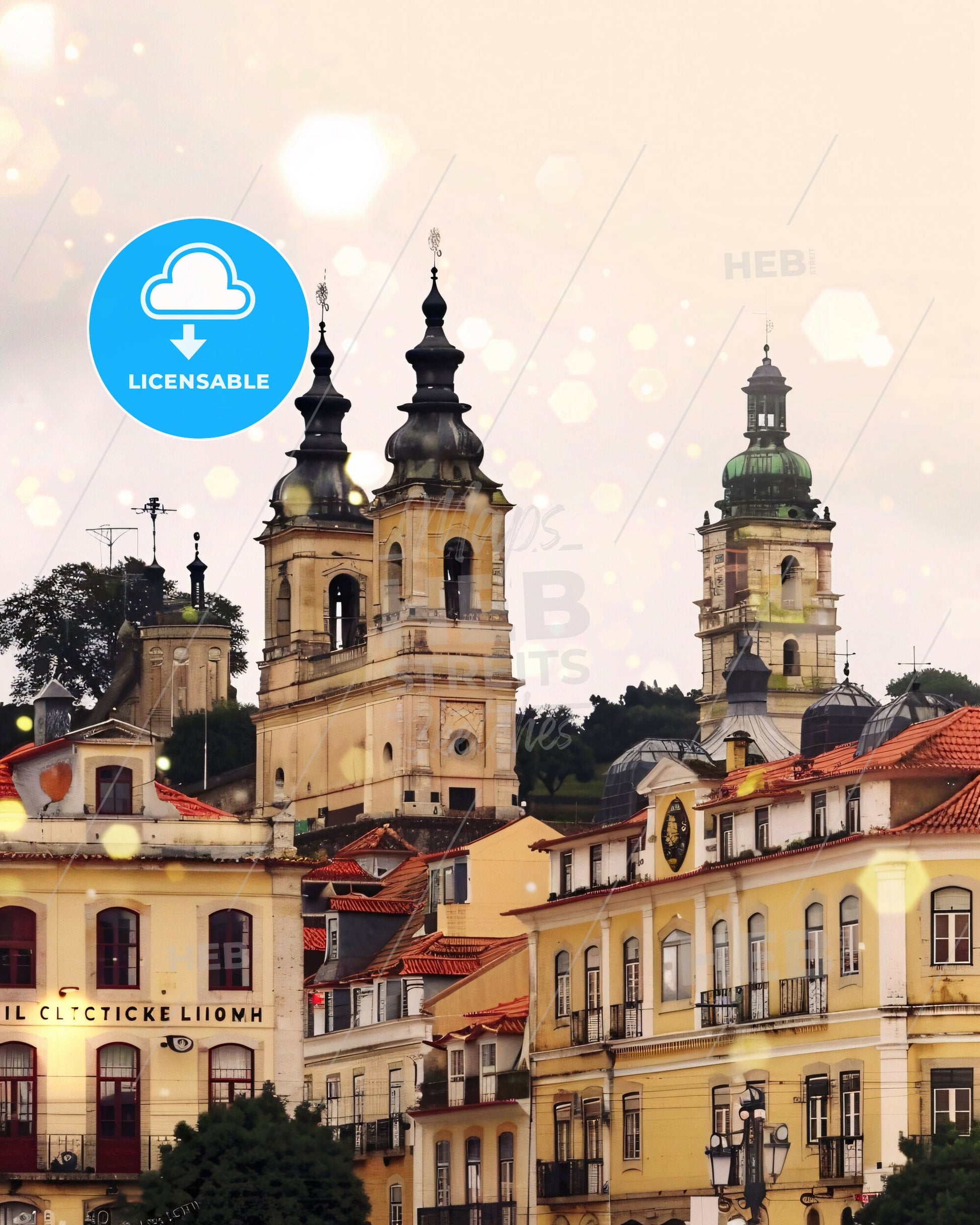 Queluz Cityscape Art: Beige Harmony with Sparkles - A group of buildings with towers