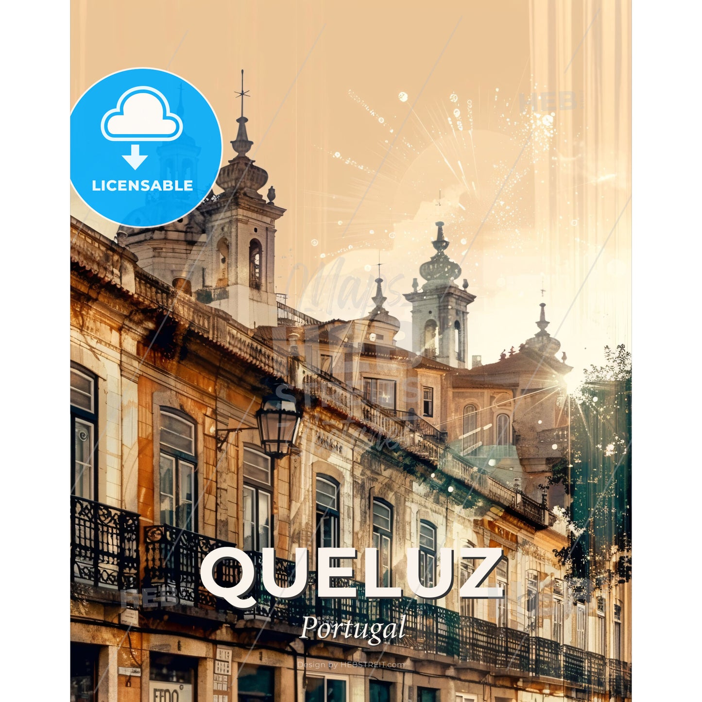 Queluz Poster: Double Exposure City Skyline Art - A building with a balcony and a balcony - Square format print template