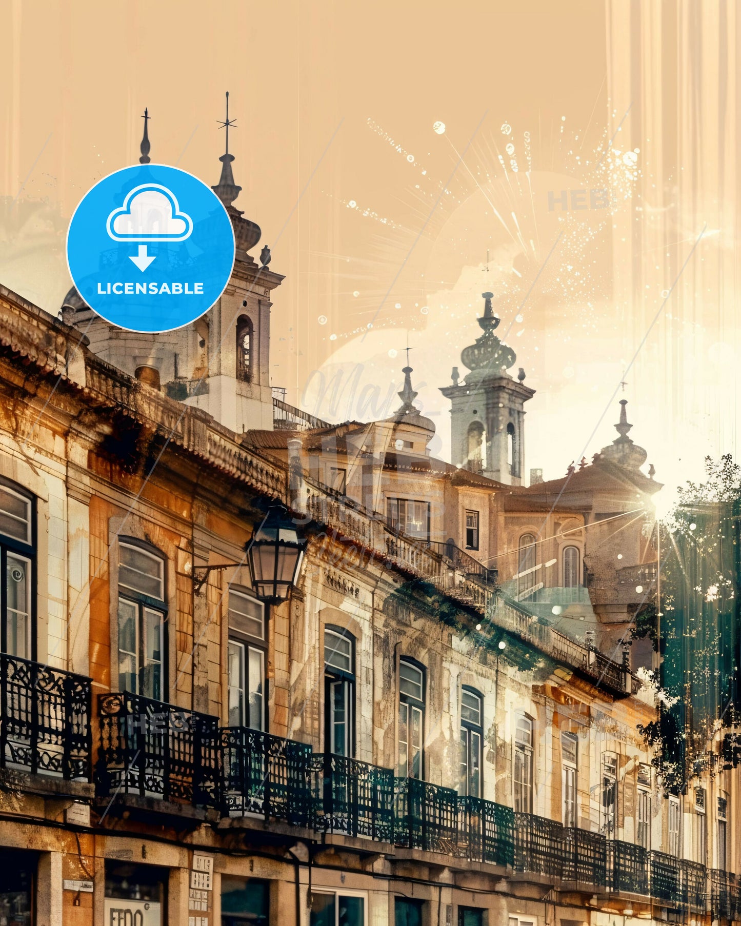 Queluz Poster: Double Exposure City Skyline Art - A building with a balcony and a balcony