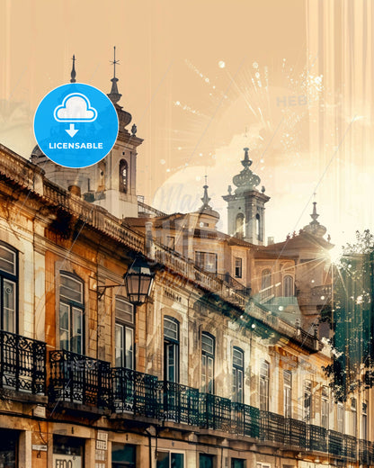 Queluz Poster: Double Exposure City Skyline Art - A building with a balcony and a balcony