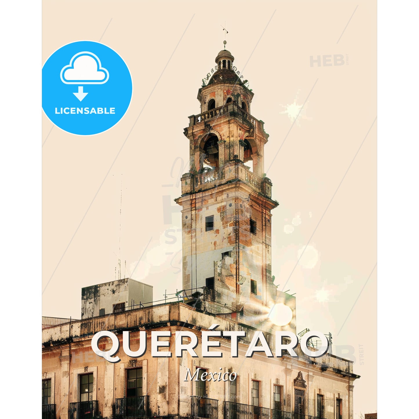 Queretaro City Skyline Double Exposure Art - A building with a bell tower - Square format print template