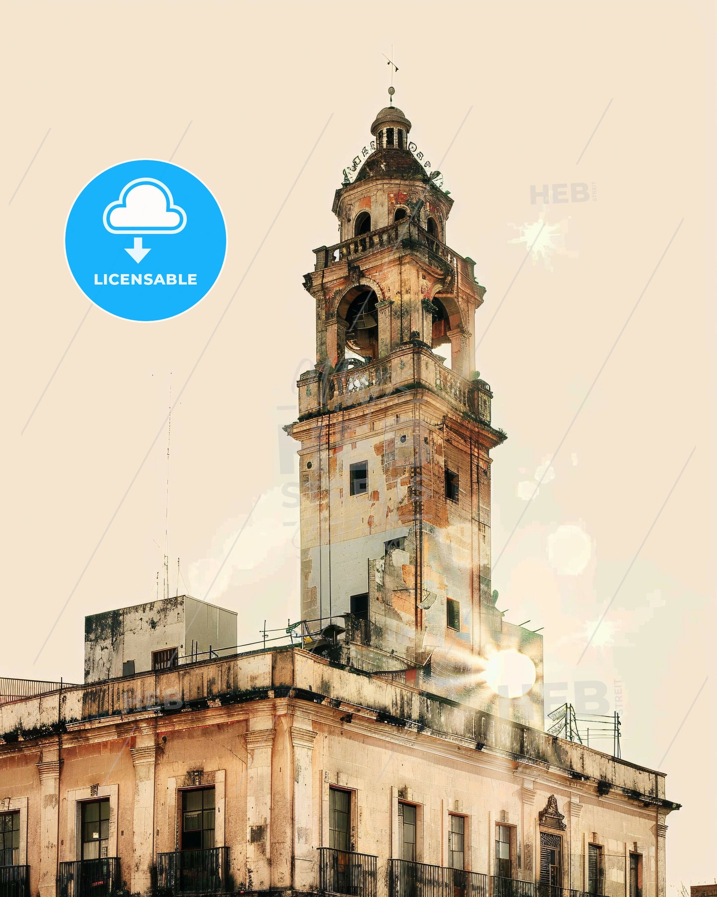 Queretaro City Skyline Double Exposure Art - A building with a bell tower