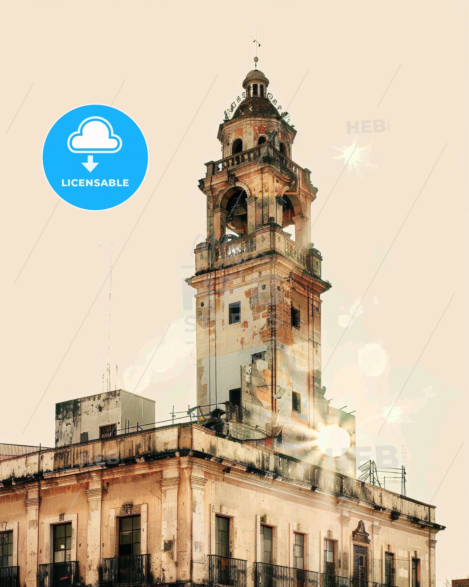 Queretaro City Skyline Double Exposure Art - A building with a bell tower