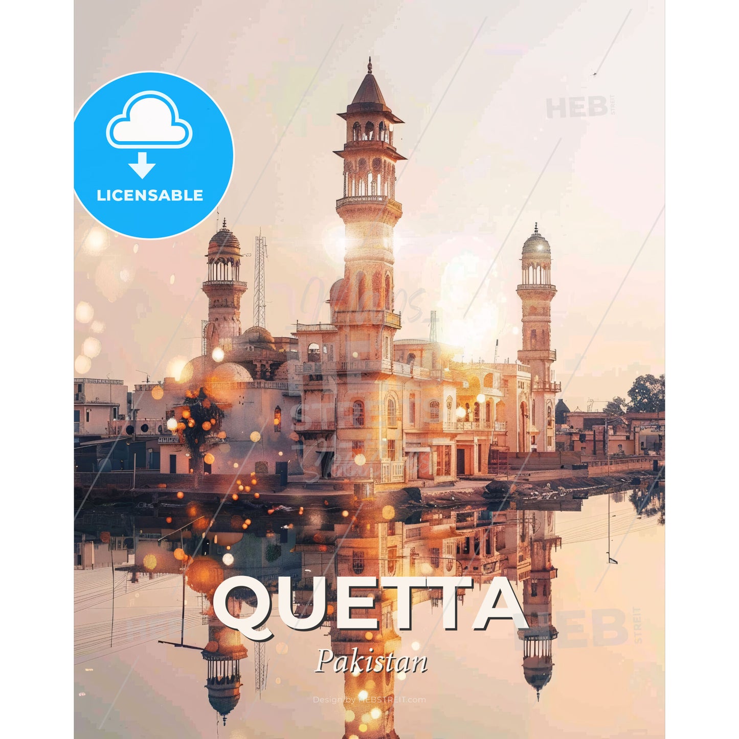 Quetta Skyline Canvas Wall Art Décor - A building with towers and a body of water - Square format print template